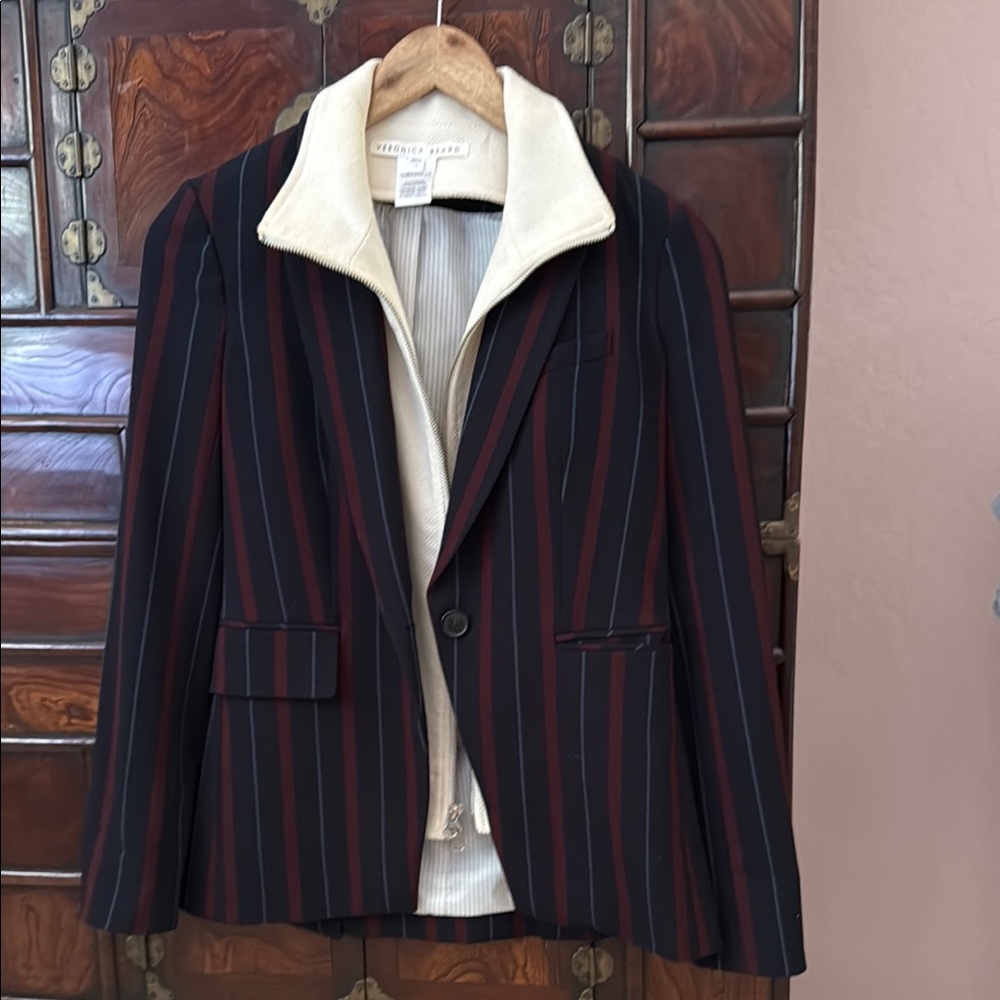 Veronica Beard Women's Striped Jacket - Navy and Burgandy